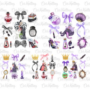 Paquete acuarela villano coqueta arco png, cinta rosa de dibujos animados png, diseño de sublimación de arco, espejo de bruja png, villano princesa coqueta png