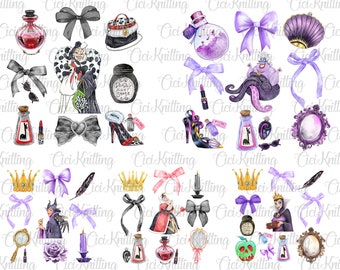 Paquete acuarela villano coqueta arco png, cinta rosa de dibujos animados png, diseño de sublimación de arco, espejo de bruja png, villano princesa coqueta png