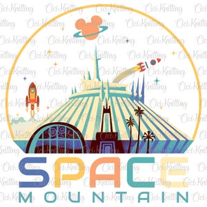 May include: A retro-style illustration of Space Mountain at Disney World. The iconic ride is depicted in a colorful, stylized design with a rocket ship, stars, and the words "SPACE MOUNTAIN" in a whimsical font.