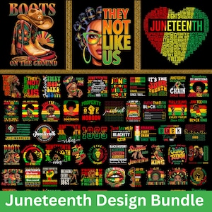 Puede incluir: Un paquete de diseños de Juneteenth con varios diseños gráficos que celebran la libertad, la igualdad y la historia negra. Los diseños incluyen texto como "Juneteenth", "Libertad" y "Blackity", junto con imágenes de botas, retratos y símbolos.
