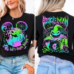 以下が含まれることがあります： 前面に「Let's Oogie Boogie」の文字とキャラクターのカラフルなグラフィックが描かれた黒いTシャツ。背中には「BOOGIEMAN」と書かれたグラフィックがあります。デザインにはネオンの緑、青、ピンクの色が使用されています。