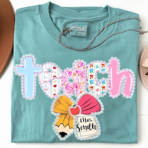 Personalized Lace Teacher Name Png, Custom Teacher Pencil Bow Png, Preppy Teacher Designs, Back To School Png, Coquette Lace Teacher Png