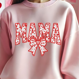 Mama Coquette Bow hart stoffen Sweatshirt borduurwerk ontwerpen, Mama Love XOXO Valentine borduurwerk, hart borduren 6 maten direct downloaden