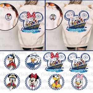 Op de afbeelding: Crèmekleurige sweatshirt met een grote afbeelding van Mickey Mouse en vrienden op een cruiseschip, met een rode strik en vuurwerk. Extra cirkelvormige afbeeldingen van Disney-personages zijn ook afgebeeld.
