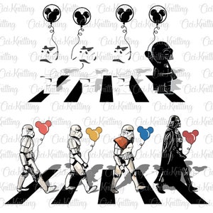 May include: A black and white illustration of Star Wars characters walking across a crosswalk with Mickey Mouse balloons. The characters include Darth Vader, Stormtroopers, and a Mickey Mouse figure.