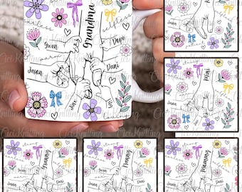 Bundel aangepast tot 6 kinderen met moederhand mokomslag png, mok coquette mama bloemen 11 oz, Moederdag bloemen, oma's hand vasthouden