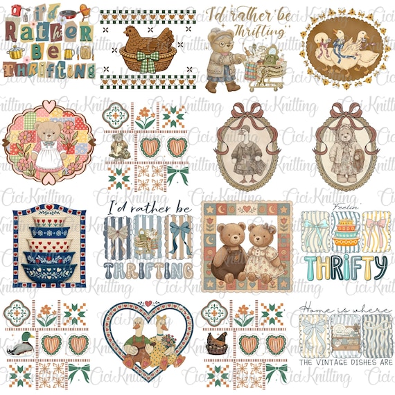 Vintage Thrifted Png Bundle, 90s Inspired, Grandma Core Png, Cottagecore Folk Art Design, Boutique Style, Cozy Retro Animals, Granny Sweater