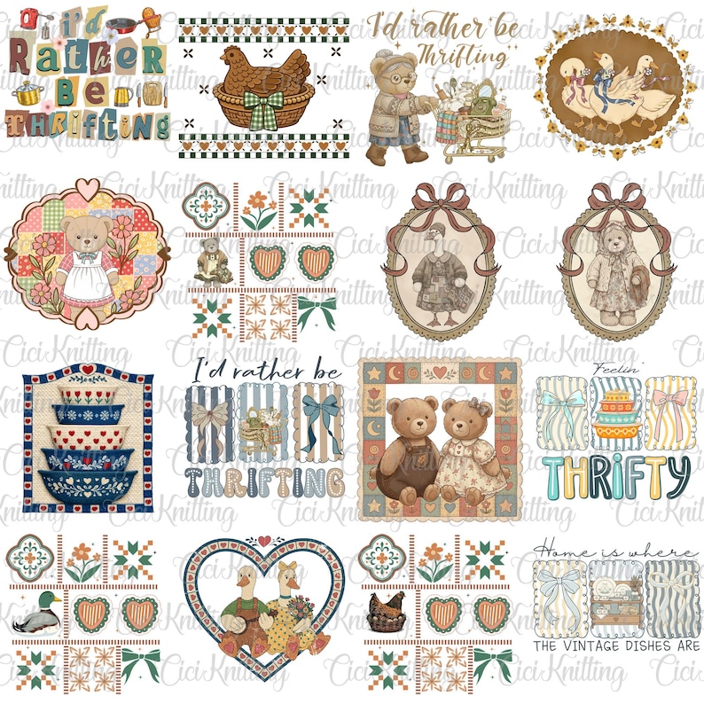 May include: A collection of vintage-style illustrations featuring bears, ducks, and kitchenware. The designs include text that reads "I'd rather be thrifting" and "Thrifty". The color palette includes soft blues, greens, and browns, with decorative elements.