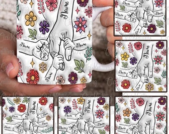 Bundel op maat tot 6 kinderen met moeders hand 3D opgeblazen effect mok Png, Mama Floral 11oz mok, Moederdag bloemen, met oma's hand
