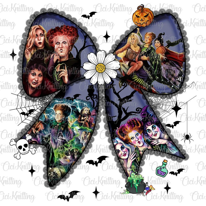 Op de afbeelding: Een decoratieve strik met een collage van afbeeldingen uit een Halloween-themafilm. De strik is versierd met afbeeldingen van heksen, een pompoen, vleermuizen en een spinnenweb. De strik staat tegen een donkerblauwe achtergrond met een witte madelief in het midden.