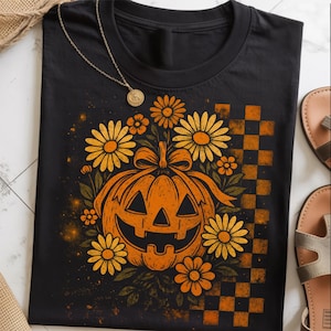 Retro Floral Pumpkin Png, Pumpkin Face Png, Halloween Pumpkin Png, Spooky Season, Checkered Fall Pumpkin Png, Halloween Jack O’ Lantern Png