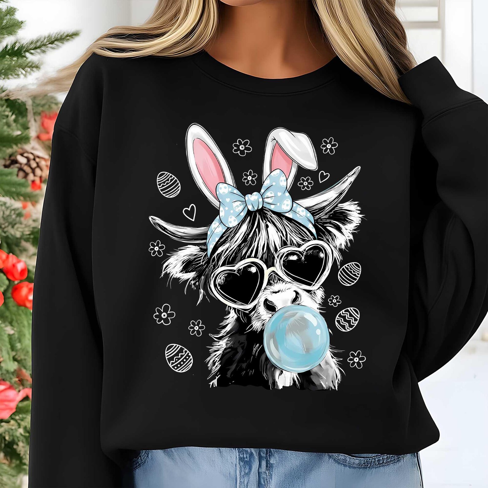 Easter Highland Cow Halftone Png, Cute Easter Cow Bunny Png, Happy ...