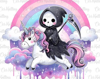 Lindo esqueleto Grim Reaper Png, Spooky Unicorn Png, Spooky Grim Reaper, Funny Grim Reaper Png, Sublimación sombría divertida, Descarga digital gótica