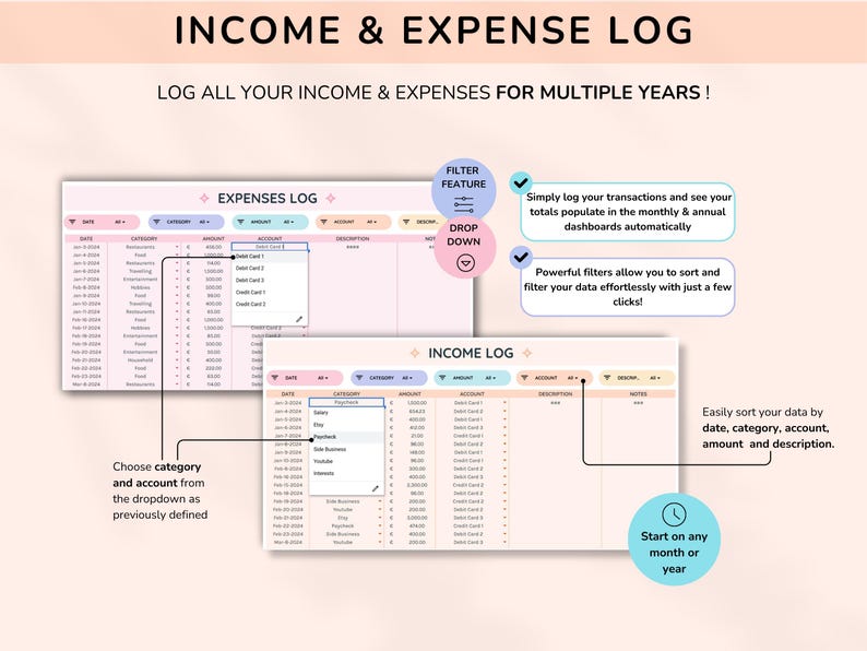 Income and Expense Tracker for Google Sheets, Annual and Monthly ...