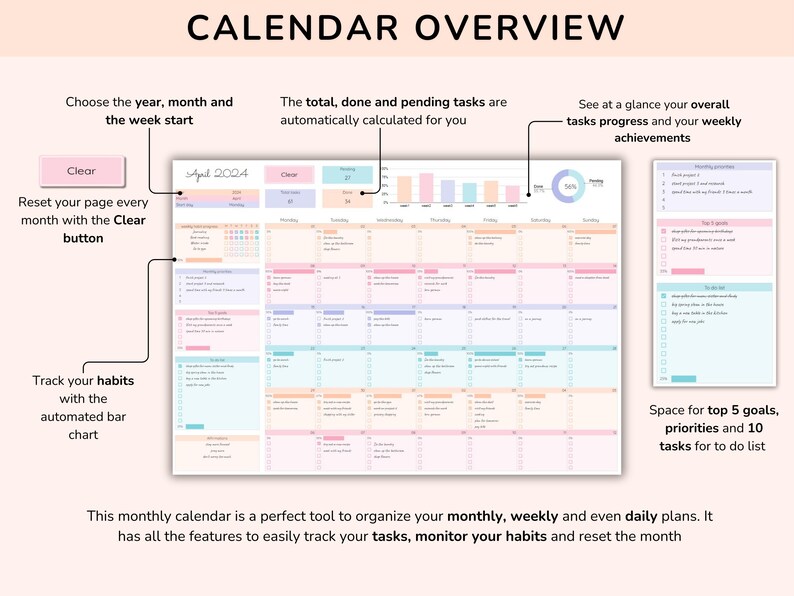 Digital Smart Calendar for Google Sheets, Task Tracker Spreadsheet ...