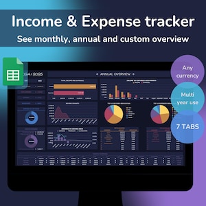 May include: A computer screen displaying a spreadsheet program with a dark background and colorful charts. The program is labeled "Income & Expense tracker" and shows a monthly overview for 04/2005. The screen is surrounded by three colorful circles with text: "Any currency", "Multi year use", and "7 TABS".