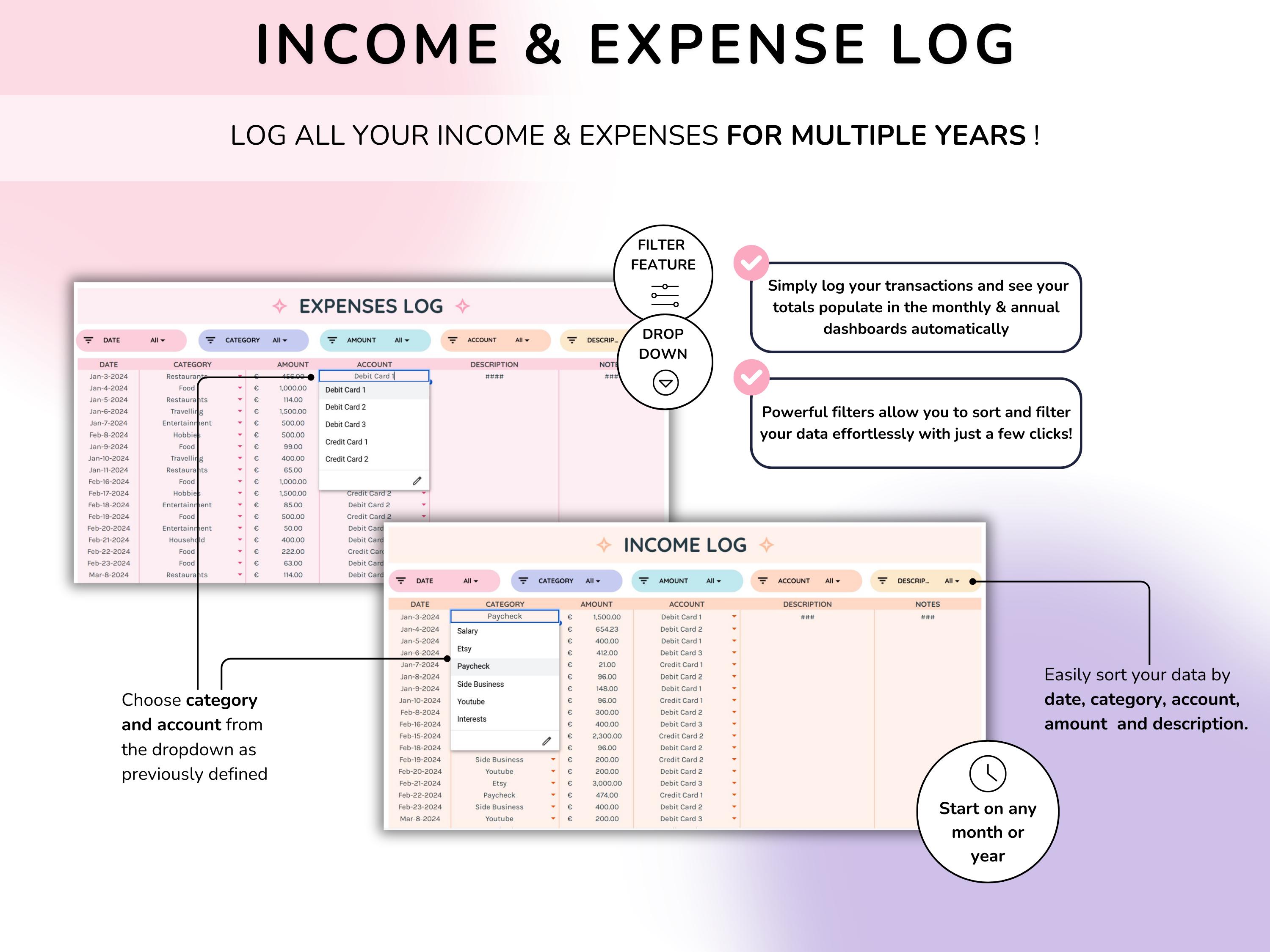 Income and Expense Tracker for Google Sheets, Annual and Monthly ...
