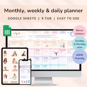 Calendario intelligente mensile per Fogli Google, modello di pianificatore digitale giornaliero e settimanale, foglio di calcolo per il monitoraggio delle attività, design adatto a chi soffre di ADHD