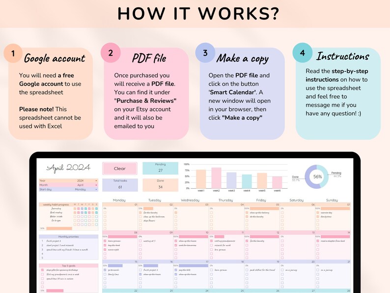 Digital Smart Calendar for Google Sheets, Task Tracker Spreadsheet ...
