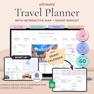 Pode incluir: Um planejador de viagens digital exibido em um laptop e tablet. O planejador inclui mapas interativos, um orçamento inteligente, um itinerário e uma lista de verificação de embalagem. O texto "ultimate Travel Planner" e "WITH INTERACTIVE MAP + SMART BUDGET" é exibido.