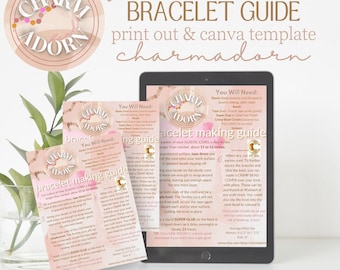 Puede incluir: Una guía imprimible para hacer pulseras de cuentas con cordón elástico. La guía incluye instrucciones y una lista de los materiales necesarios, como cuentas, cordón elástico, cuentas de crimpado y pegamento súper fuerte. La guía presenta un diseño de acuarela rosa y blanco con el texto "Charm Adorn" en un círculo.