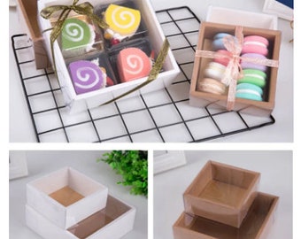 10pcs/100pcs Kraft Gift Box Clear PVC Window Macaron Cookie Candy Cake Packaging Box With Transparent Lid Christmas Wedding Party Favor