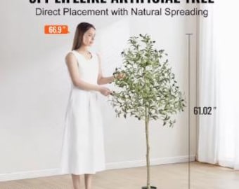 May include: A 5 foot tall artificial olive tree with natural spreading branches. The tree is shown in a pot and is 61.02 inches tall. The text "Height varies slightly. 5ft when gathered" is also shown.