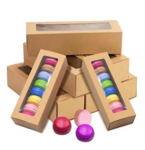 Scatole Per Macaron 50 Pezzi - Con Finestra Trasparente - Carta Kraft - Per Dolci, Cioccolatini, Biscotti - 8x8 Cm - Foto 5