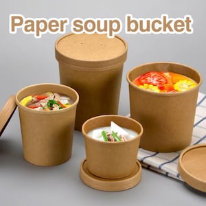May include: Four brown paper soup buckets with lids. The buckets are filled with different types of soup. The text "Paper soup bucket" is at the top of the image.