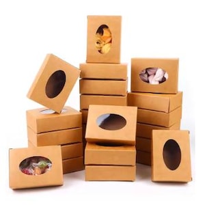 20/30 pezzi Mini scatola di carta Kraft con finestra, scatole rotonde per imballaggio di sapone per sapone fatto in casa, dolcetti, dolciumi, bomboniere, 9,5x7x3 cm, idea regalo