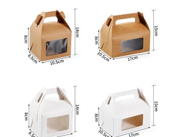Könnte beinhalten: Zwei Sätze von Take-away-Boxen mit klaren Fenstern. Die Boxen sind aus Pappe und in Braun und Weiß gehalten. Die Boxen haben einen Griff oben und messen 8,5 cm x 10,5 cm x 14 cm.