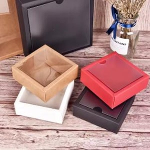 10 peças de caixa quadrada de papel kraft transparente com tampa de PVC fosco para doces, sobremesas, cosméticos, sabonetes, caixas de embalagem para artigos para festas