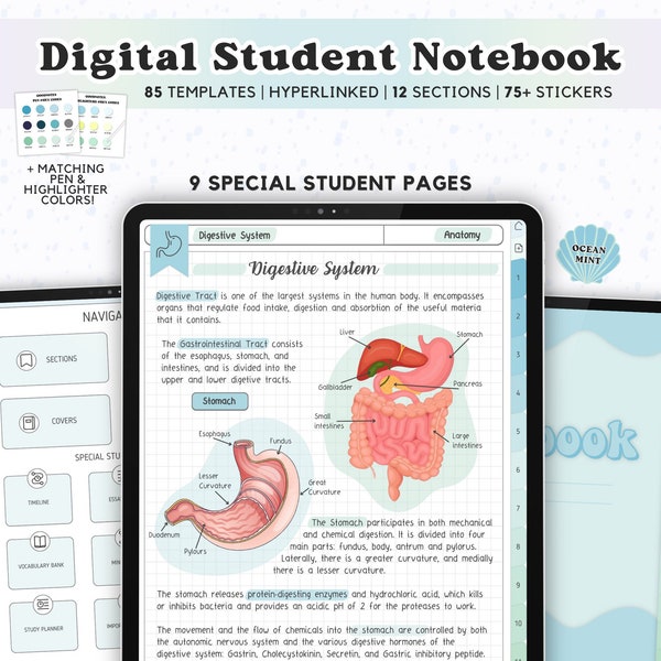 Cuaderno digital para estudiantes Cuaderno con hipervínculos para GoodNotes Notabilidad con pestañas Plantillas para tomar notas Pegatinas en colores pastel iPad Universidad Académica