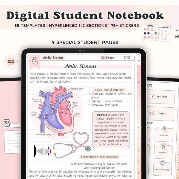 Digitaal studentennotitieboekje Hyperlinked notitieboekje voor GoodNotes Notability met tabbladen Sjablonen voor het maken van notities Pastelstickers iPad College Academic