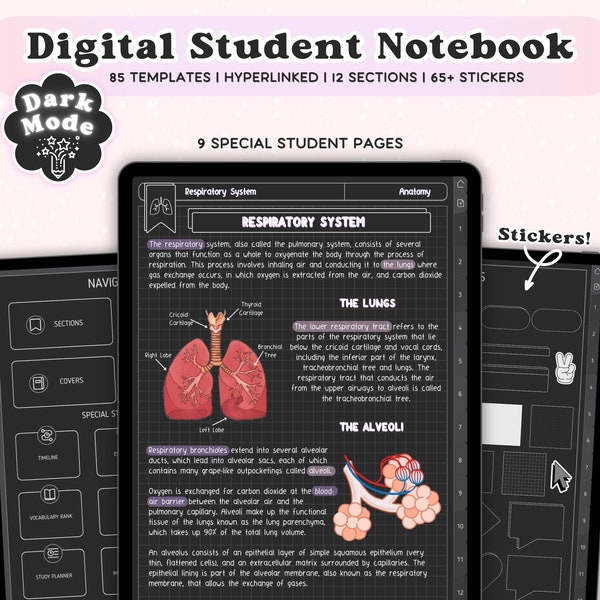 Digital Student Dark Mode Notebook Hyperlinked Notebook for GoodNotes Notability with Tabs Notetaking Templates Pastel Stickers iPad College