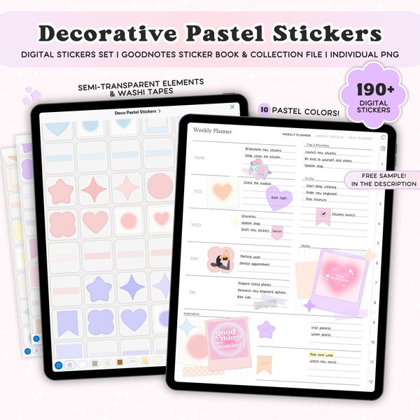 Transparent Digital Stickers Cute Pastel Stickers for Planners Washi Tape Decorative iPad Goodnotes Stickers Sticky Notes Student Stickers