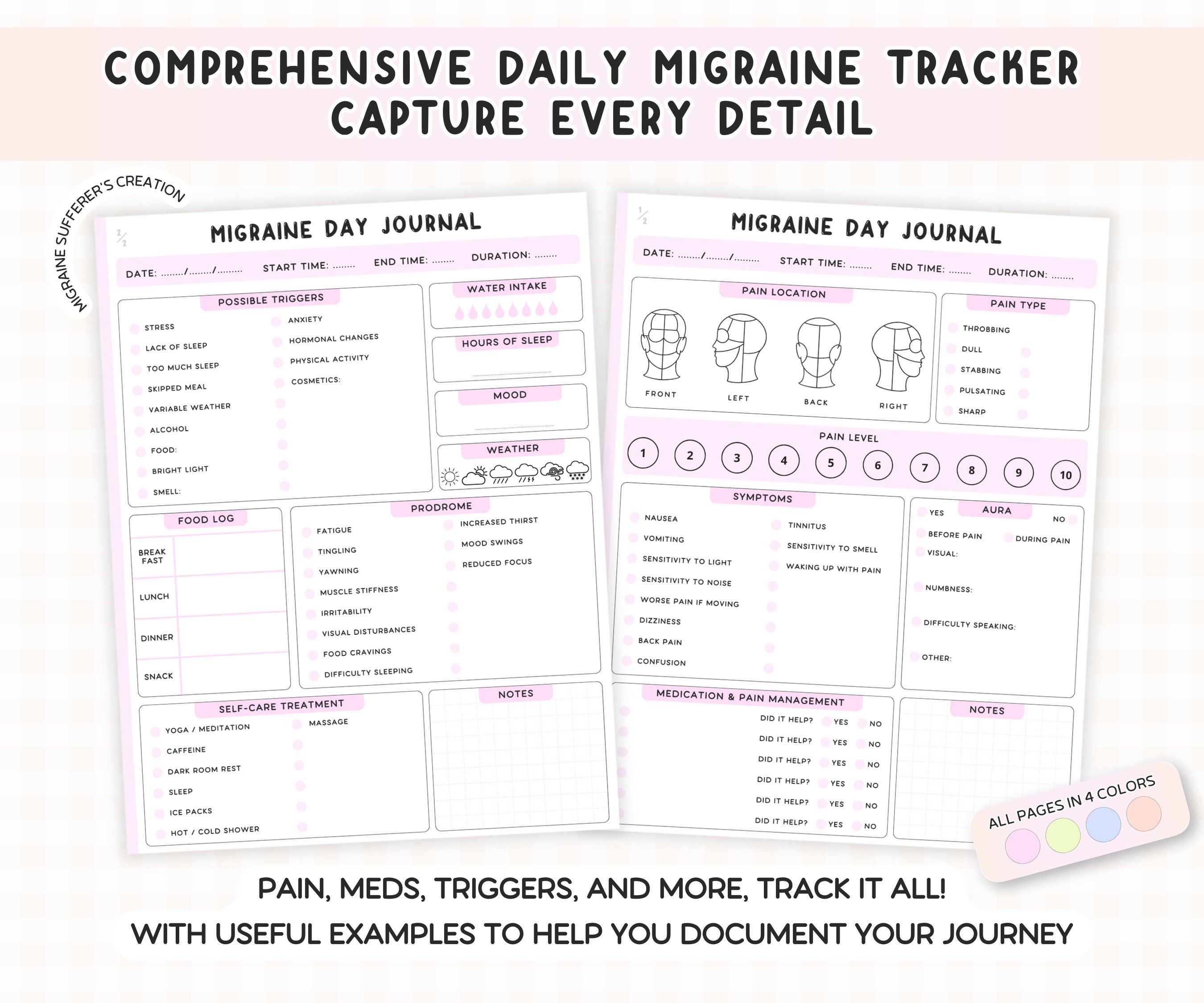 Migraine Tracker Printable Migraine Journal Headache Log Chronic Pain Tracker Health Insert ...