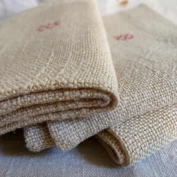 Rare Find! Antique 100% Pure Hemp Kitchen Hand Towels with Red Cross-stitch Embroidery Monogram B Authentic French Torchon Ancien 1900s