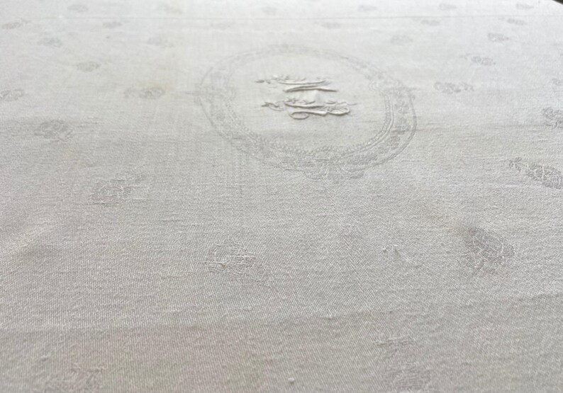 French Antique Hand Embroidered Damask Weave Flax and Cotton Linen ...