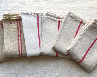 French Antique Hemp Linen Kitchen Towels with Red Liteau, Rustic Hand Woven Torchon with AT Mark, and No Monogram, 1900