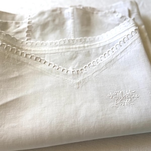 Antique French Linen Nightgown XXL: &quot;Marie&quot; Monogram, Hand-Gathered Flax Chemise