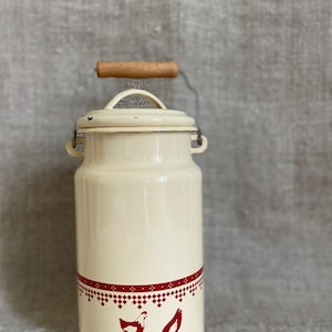 One Vintage Enamel Milk Can Pail from France, Shabby Chic Kitchen, French Farmhouse, Shabby Enamelware, Roosters Hens Design, 1930s