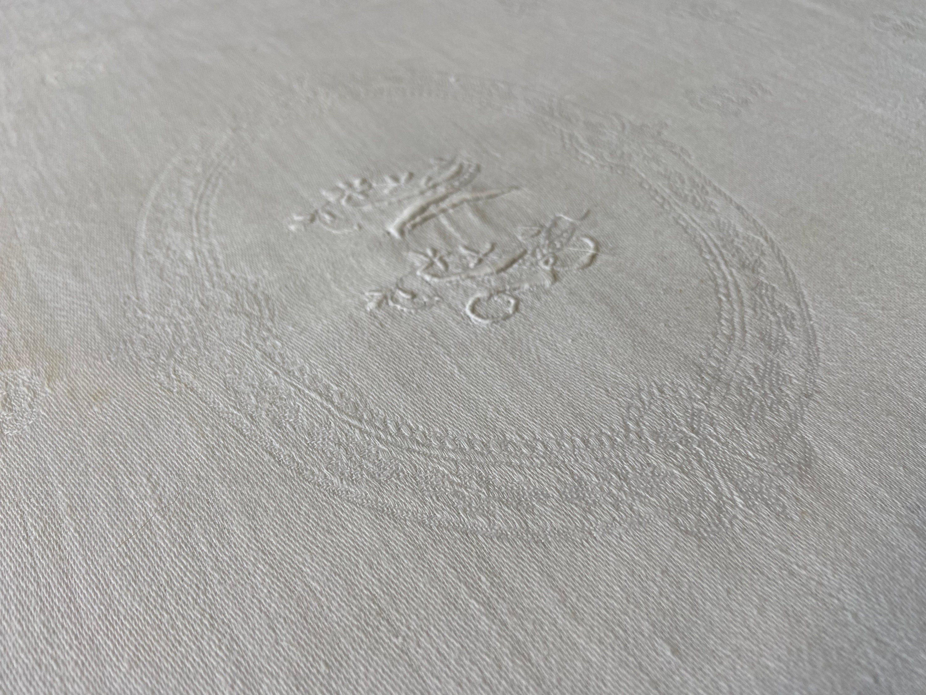 One Rectangle French Antique Hand Embroidered Damask Weave Flax and ...