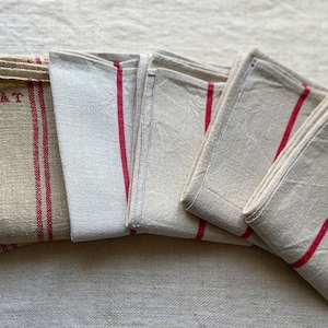 6 French Antique Hemp Natural Fiber Linen Kitchen Towels with Red Liteau, Rustic Hand Woven and Authentic Torchon AT and plain 1900s