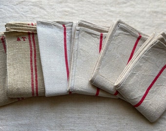 French Antique Hemp Natural Fiber Linen Kitchen Towels with Red Liteau, Rustic Hand Woven and Authentic Torchon AT, and Without Chiffre 1900