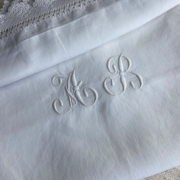 Rare Find! Handmade French Antique Flax Linen Pillowcase with Hand Crochet Lace Border Handgathered and Embroidered Monogram A B 1900 period