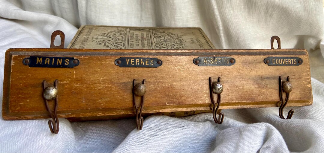 One Antique Wooden Kitchen Towel Rack With Metal Hooks and Tags From ...
