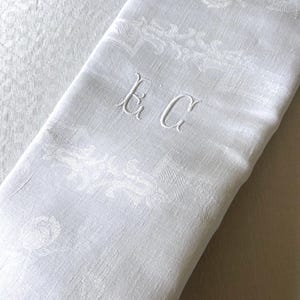 One Rectangle, French Antique Hand Embroidered Tablecloth, Damask Weave Cotton Linen, Tulipes and Buds Motif Table Cover, Monogram EC, 1900