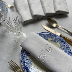 Set of 6 French Antique Embroidered Table Napkins, Checker Board Motif Damask Weave Cotton Linen Towels Satin Stitch Monogram F C 1900s