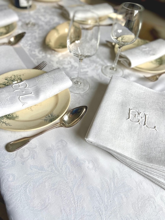 Set of 11 French Antique Embroidered Table Napkins, Hibiscus Flowers Cotton Damask Weave Linen, Botanical damassé, Monogram EL, 1900